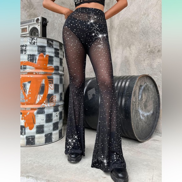 Black Mesh Glitter Bell Bottom Pants - Picture 2 of 7